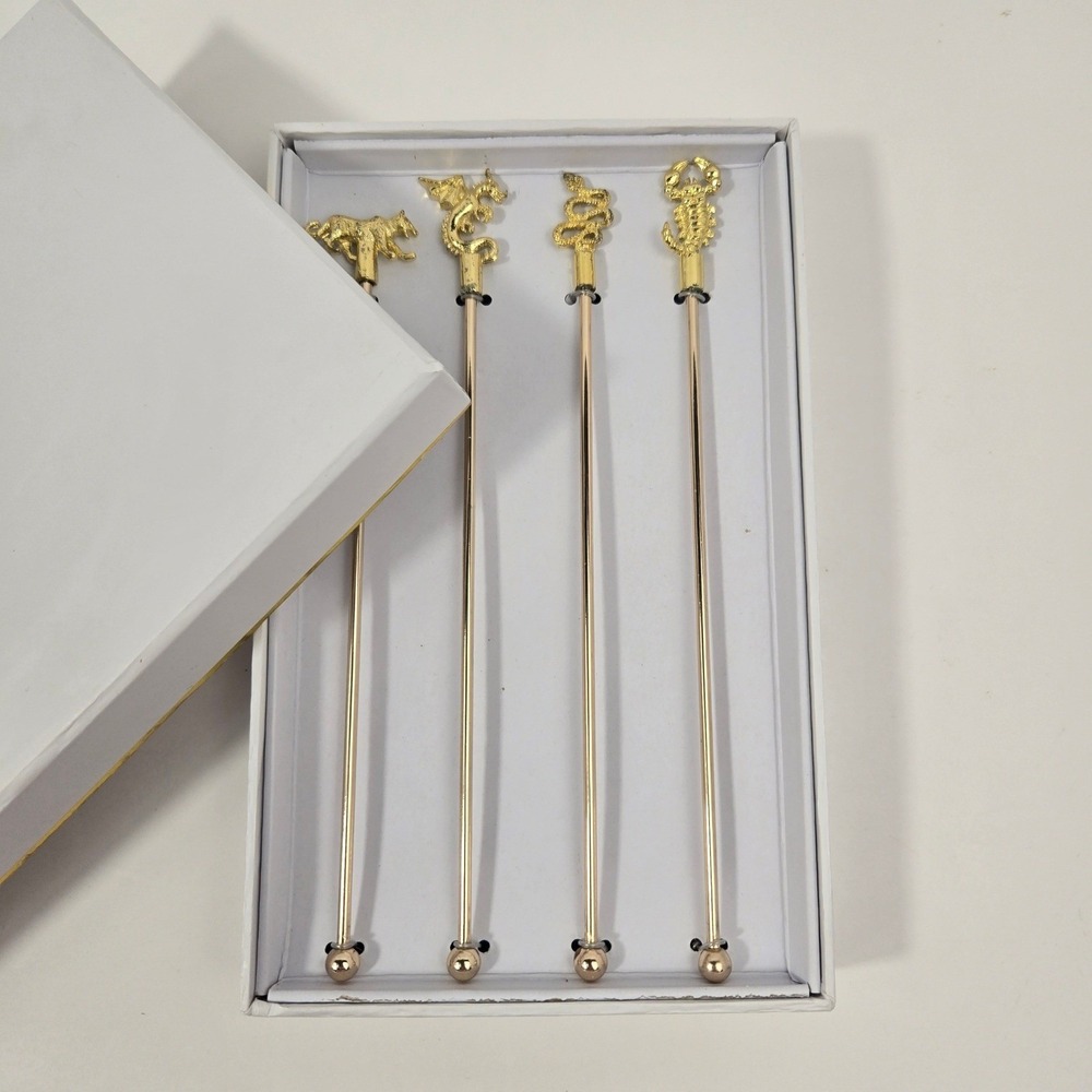 CB2 Prowl Gold Cocktail Stirrers Set of 4 Animal Toppers Panther Dragon Snake